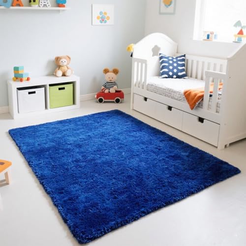 Small Bedside Rug, 3x5 Non Slip Fluffy Shaggy Entryway Throw Rugs for Bedroom Living Room, Indoor Floor Carpet for Kids Girls and Boys, Nursery Rooms Mat, Home Decor Aesthetic, Blue