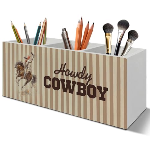 LIANGEAGOM Western Cowboy Pen Pencil Holder Organizer for Desk Accessories, Cowboy Gifts, Brown Striped Western Horse Rodeo Wooden Box Signs Decorations for Office Home Desk Tabletop