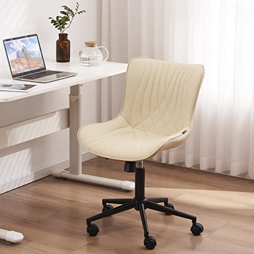 Youtaste Office Chair Modern Armless Desk Chair, Height Adjustable Swivel Rocking Computer Task Chair, Faux Leather Sewing Chair With Wheels, Stylish Lounge Vanity Chair,Beige #TOP19