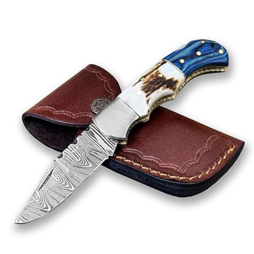 WINTERFELL Damascus Pocket Knife For Men, 6.5" Handmade Folding Knives with Leather Sheath For Hunting, Camping, Hiking, Stag Antler Handle Back Lock Knife, Unique Gift For Husband, Father's Day Gift