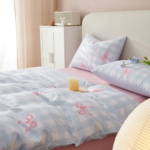 Image of Bow Duvet Cover King Size Blue Plaid Pink Bows Reversible Bedding Set 3 Piece Soft Lightweight Microfiber Kids Bedding Set with Zipper Closure and 2 Pillowcases