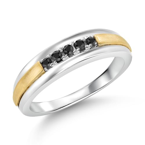 Gem Stone King Black Diamond Satin Finish Wedding Band Ring For Men | 925 Sterling Silver and 10K Yellow Gold | 0.17 Cttw | Round 2MM | Available in Size 7,8,9,10,11,12,13