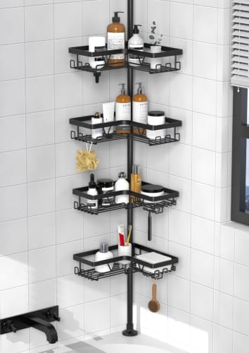 KEGII Corner Shower Caddy Tension Pole - Shower Tension Rod Organizer, Floor to Ceiling Shower Caddy...