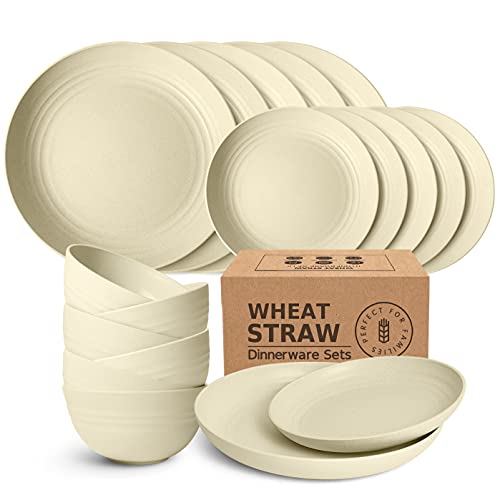 Peurif Kitchen Wheat Straw Dinnerware Sets, Dinner Plates, Dessert Plate, Cereal Bowls, Unbreakable Plastic Outdoor Camping Dishes (Beige, Service for 6 (18 pieces))
