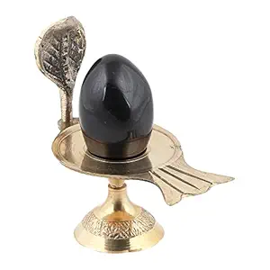 Natural Black Stone of Shaligram Shila with Base and Brass Nagfani for Pooja Divine Blessings from Gandaki River in Nepal | Black | 45gram