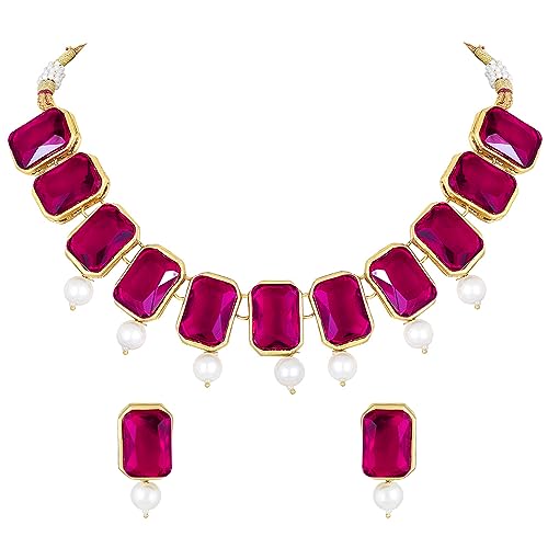 Peora Traditional Jewellery Rani Pink Crystal Pearl Necklace Earring Jewellery Set Gift for Women Girls Wedding