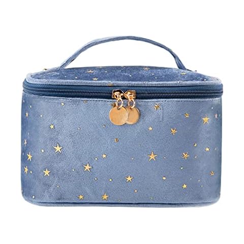 HOYOFO Velvet Makeup Bag with Handle Cosmetic Bags with Makeup Brush Holder Travel Make up Bag for Women, A Blue Cover