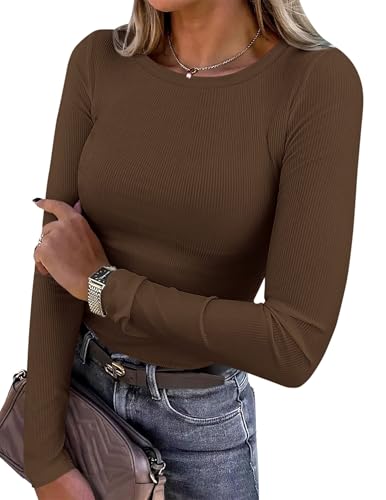 Image of PRETTYGARDEN Women 2026 Fall Clothes Long Sleeve Shirts Ribbed Knit Fitted Basic Tee Going Out Tops Underscrub Casual Outfits