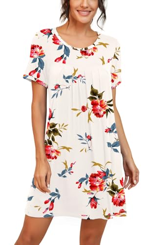 Image of PrinStory Nightgowns for Women Short Sleeve Night Gowns Pleated Sleep Shirt Ladies Nightshirt Soft Sleepwear