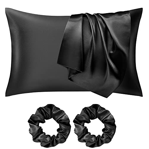 Seiwohl Satin Pillowcases for Hair and Skin Black Silk Pillowcase 2 Pack with Hair Silk Scrunchies for women Cooling Pillow cases with Envelope Closure