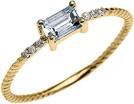 14K Yellow Gold Diamond Accented Emerald Cut Aquamarine Solitaire with Fluted Rope Band Engagement Ring - Size 9