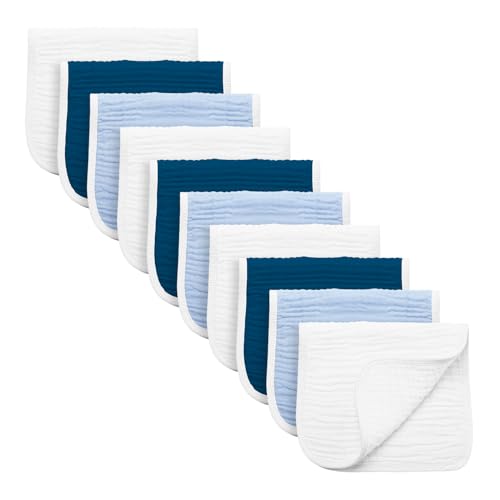 Image of Synrroe Burp Cloths Large, Muslin Burp Cloths for Baby Girls and Boys, Pack of 10 Extra Absorbent and Soft Muslin, 6 Layers 20 by 10 Inches 100% Cotton (Blue Sets 10 Pack)