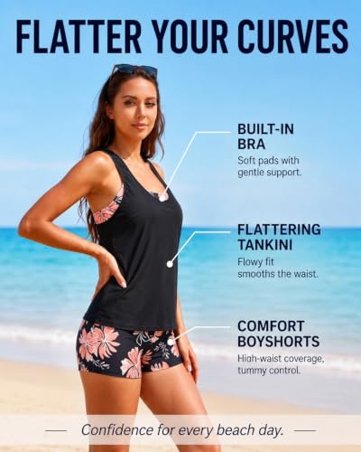 Image of Women's 3 Piece Tankini Swimsuit Tummy Control Bathing Suit with Boy Shorts