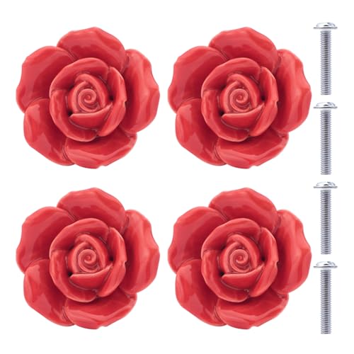 NAKUPENDA Boutons en Céramique 4 Pièces Boutons de Tiroir en Céramique Fleur de Fleur Ros Boutons de Meubles Rose en Porcelaine pour Tiroirs Armoires Portes...