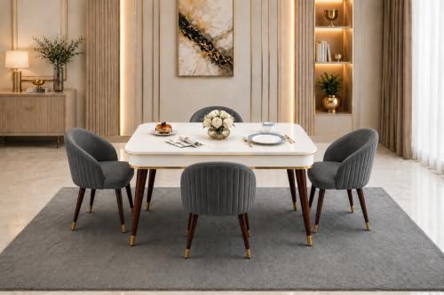 Image of WOODEN SPACE 4 Seater Wooden Dining Table Set | Urban Marble Top Dining Table with Chairs for Dining Room & Kitchen (Majestic Classic Backline Dark Grey) (42 x 42 x 30 inch)