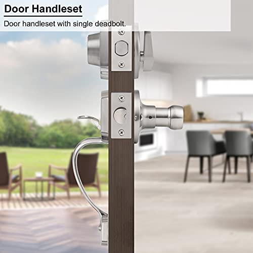 Knobonly Satin Nickel Finish Modisch Single Cylinder Handleset With Lever Door Handle (For Entrance And Front Door) Reversible For Right And Left Handed And A Single Cylinder Deadbolt Handle Set #TOP4