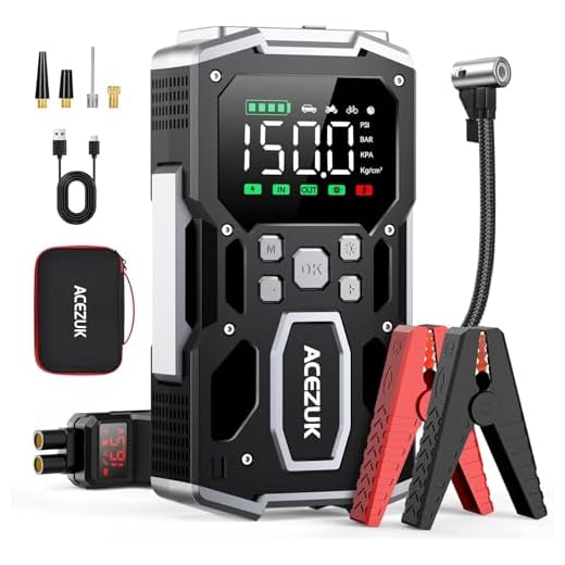 ACEZUK Booster Batterie Voiture 8000A, 150PSI Gonfleur Pneus Voiture, 26800mAh Démarreur avec Compresseur à Air, 12V Jump Starter pour Véhicule(Tout Gaz ou 10L Diesel), 400 Lumens LED