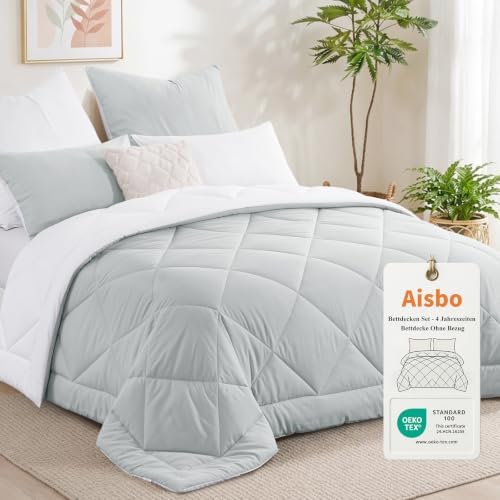 Aisbo Bettdecke ohne Bezug 220x240 Grau, 1 Bettdecke mit 2 Kissenbezügen | Bettdecke 240x240 mit Integriertem Bezug, Waschbar 4 Jahreszeiten Bettdecke, OEKO-TEX, Warm & Gemütlich,