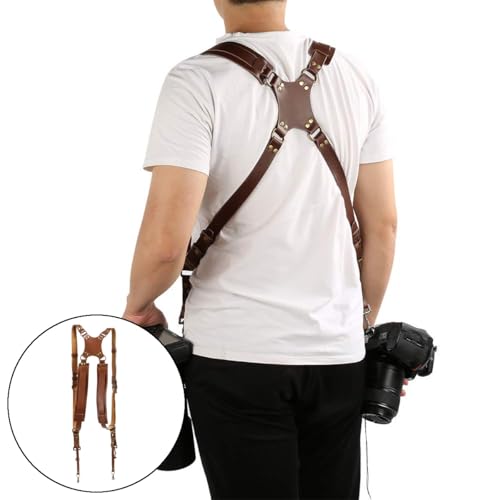Correa de cuero para cámara doble arnés de hombro Ticha color marrón para réflex DSLR 5