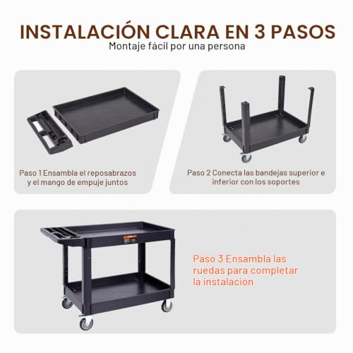 Miniatura 6 de Vevor Carrito De Servicio De Pp 116x65x85 Cm Carro Utilitario De 2 Niveles Capacidad Total De 250 Kg 125 Kg Estante Ruedas Giratorias 360 2 Con Freno Con Asa Para Almacén Garaje Limpieza