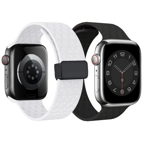 2 Packs D-Buckle Sport Bands Compatible with Apple Watch Band Ultra 2/Ultra SE Series 9/8/7/6/5/4/3/2/1 Silicone iWatch Band 49mm 45mm 44mm 42mm 41mm 40mm 38mm Women Men (38/40/41mm, Black/White)