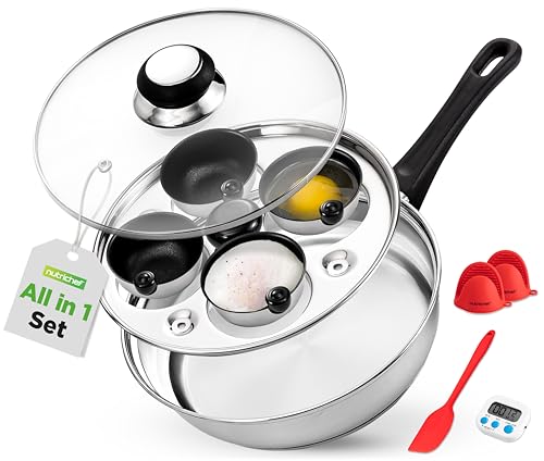 NutriChef Cuoci Uova 20 cm in Acciaio Inox, Set per Uova in Camicia con 4 Coppette Antiaderenti, Coperchio in Vetro, Timer, Guanto Forno e Spatola, Compatibile Induzione, Argento