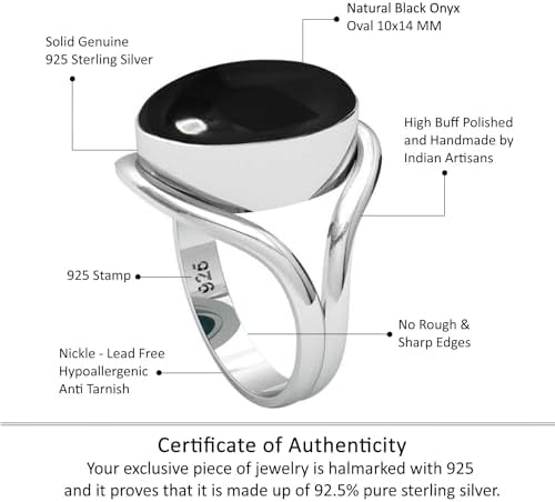 JEWELOPORIUM Black Onyx Silver Ring Size 12, 925 Sterling Silver Ring for Women, Genuine Oval Gemstone Boho Jewelry - 3