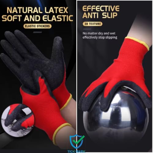 Image of Safety Gloves Heavy Duty Reusable Nitrile Coated Nylon Cotton Hand Gloves for Gardening - Home Work Safety - Industrial Use - Anti Cut Abrasion Proof Working Red Black Gloves (5 Pairs Pack)