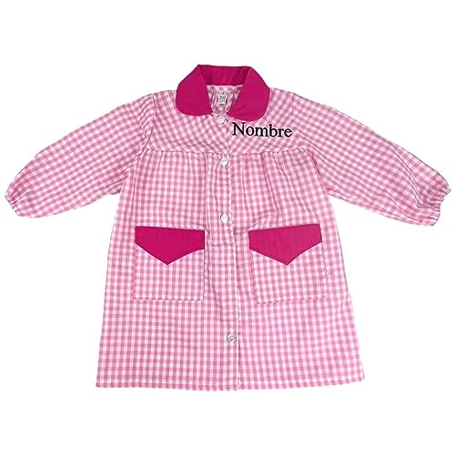 Bata Colegio/Guarderia .Baby Personalizado Con Nombre.con Bolsillos Y Puños Cerrados-Con Opcion De Bordar Animal Personalizado (Talla 2, Rosa)