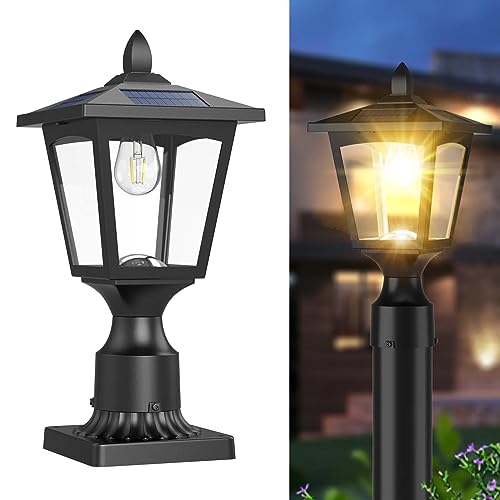 Solar Post Lights, 3000K Dusk to Dawn Solar Lamp Post Light with Pier Mount Base, Solar Post Lights Outdoor Waterproof for Garden Yard Landscape Pole Pillar, Outside Decorative Lamp(Warm White) by Greluna - Used condition - US$31.29