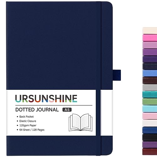 Dotted Journal/Notebook - Dot Grid Hard Cover Notebook, Premium Thick Paper with Fine Inner Pocket, Black Smooth Faux Leather, Pen Loop, 5.3'' x 8.26'' - Dark Blue