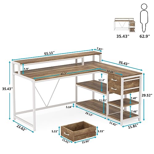 Image of Tribesigns L Shaped Desk with Drawers and Monitor Stand, L Corner Desk with Storage Shelves, Beige Wooden PC Table for Samll Home Office