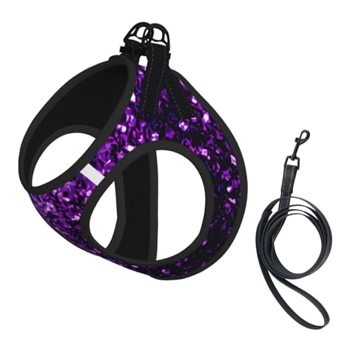 Hundegeschirr und Leine, Set mit schönem violettem Glitzer-Druck, reflektierend, verstellbar, Welpenweste für kleine, mittelgroße und große Hunde, Katzen
