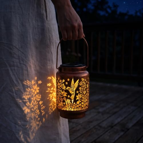Hummingbird Solar Lantern Metal Floral Lights Outdoor Yard Garden Decor - image 1
