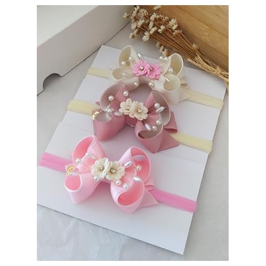 Laços de Fita para Bebê, Conjunto de 3 Tiaras Elásticas com Flores e Pérolas, Rosa e Bege, Acessórios para Cabelo Infantil