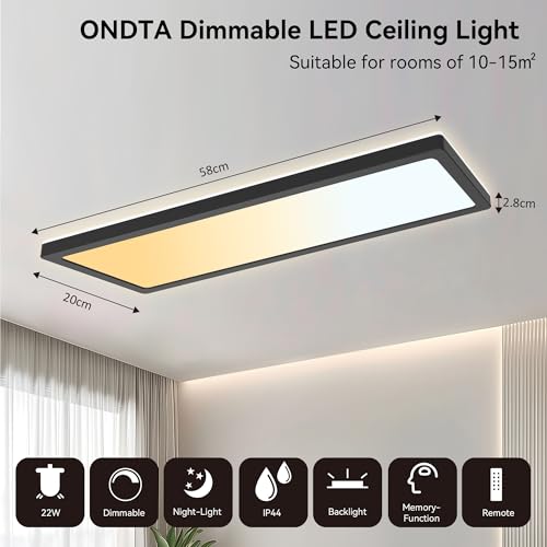 Black Ceiling Light 22W, 58x20cm 2700K-6500K Dimmable with Remote Control, IP44 Waterproof Bathroom Lights Ceiling, Modern Simple Thin LED Panel for Kitchen, Bedroom, Hallway, Office - Image 3
