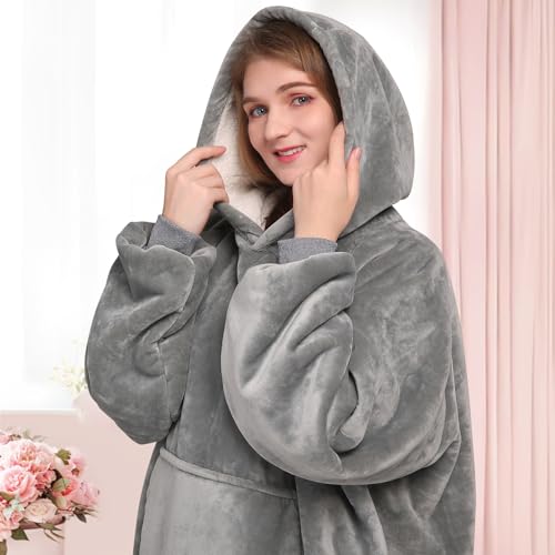 Image of Waitu Wearable Blanket Sweatshirt Gifts for Women and Men, Sherpa Wearable Blanket Adult, Oversized Blanket Hoodie, Thick Sherpa Blanket, Warm Body Blanket Robe - Gray