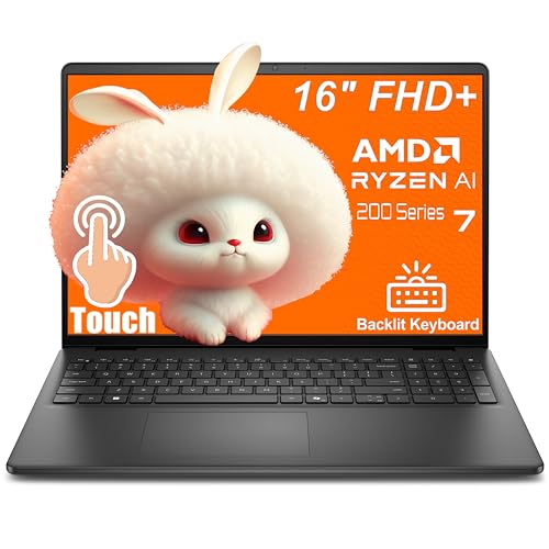 Dell 16-inch Touchscreen AI Powered Laptop, AMD Ryzen 7 250 Processor, 16 Tops NPU, AI Copilot Key, Lifetime Office 365, WiFi 6, Bluetooth, Backlit KB, Windows 11 Home (16GB DDR5 RAM, 512GB PCIe SSD)
