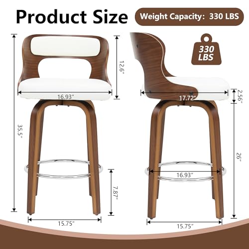 Image of Swivel Bar Stools Set of 1, 26 inch Counter Height Bar Stools, Mid-Century Modern PU Leather Modern Island Chairs with Back and Footrest, for Kitchen, Bar, Restaurant, Cafe (White)