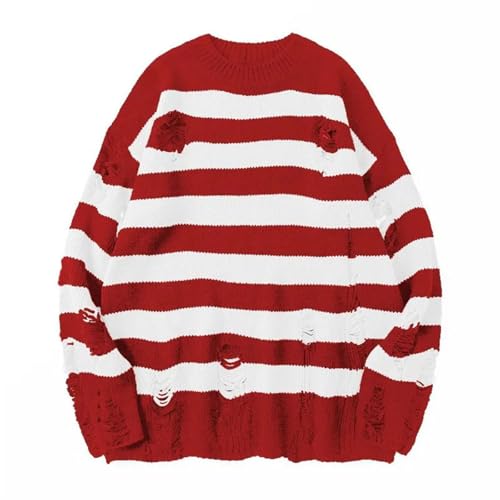 Mens Vintage Long Sleeve Ripped Striped Sweater Casual Crew Neck Stripe Pullovers2
