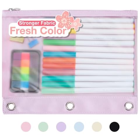 Forvencer Pencil Pouch for 3 Ring Binder, Large Capacity Binder Pencil Pouch with Smooth Zipper & 3 Reinforced Grommets, Pencil Case for Binder Clear Window to Organize School Office Supplies, Purple Cover