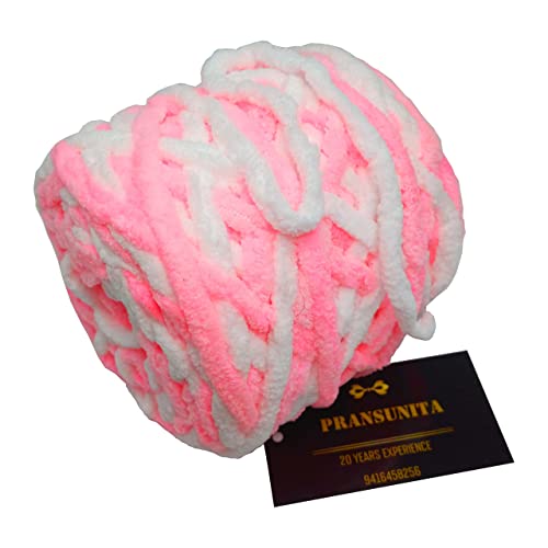 Image of Super Thick Fluffy Jumbo Polyester Baby Blanket Chenille Yarn For Knitting,Crochet&Home Decor Projects,Afghans,Throw Pillows,Cushions&Blankets -100 Gms 6Mm Thickness Colour Pink&White