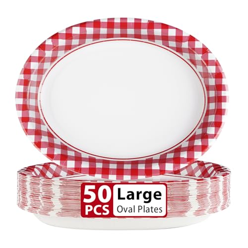 50Pcs Gingham Oval Paper Plates 10 x 12 Large Disposable Heavy Duty Red and White Buffalo Checked Plaid Dessert Platter Sturdy Plate for Summer Pizza BBQ Picnic Crawfish Boil Birthday Party Supplies