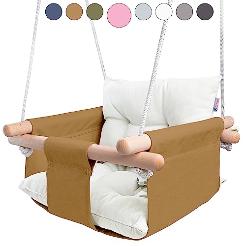 Image of CaTeam - Canvas Baby Swing Chair, Wooden Hanging Seat with Safety Belt, Durable and Comfortable for Kids, Indoor and Outdoor Use, Mounting Hardware Included, Ocher