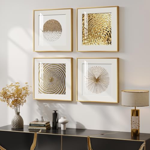 4 Pcs Framed Modern Canvas Wall Art, Gold and White