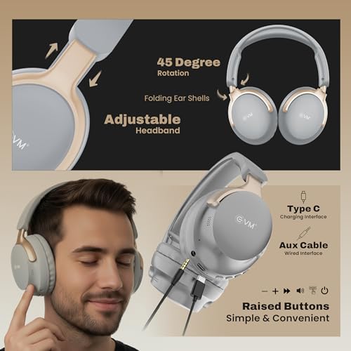 Image of EVM EnSonic Over Ear Wireless Headphones | Bluetooth 5.3+EDR | 40mm Drivers | Deep Bass Sound | 40H Playtime | HD Mic | Foldable Design | AUX Support, Lightweight | 1 Year Warranty (EVM-WHF-01-Grey)