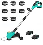 Garvee 12" Cordless Weed Wacker - String Trimmer Grass Trimmer, w/ 2 x 2.0Ah Batteries with Wheels, 8 pcs Spools Lines, Fast Charger