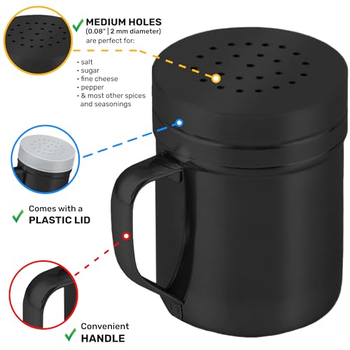 Image of CUSINIUM 6oz Black Stainless Steel Salt Pepper Dredge Shakers - With Plastic Cap - With Handle - Pack of 2