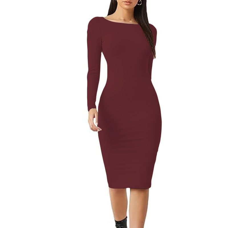 BODYWEAR LTD - Vestido largo y liso de manga larga para mujer, cuello redondo, casual, adecuado para vacaciones, viajes, fiestas, bodas, cócteles, Vino, M-L