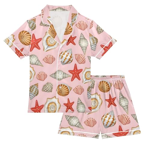 ALAZA Conch Starfish Seashell Satin Pajamas Set Short Sleeve Button Down Sleepwear Summer Pjs 2 Piece